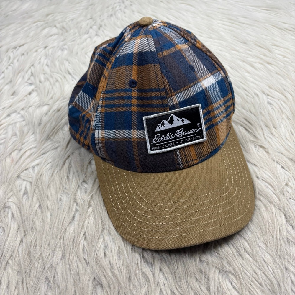 Eddie‎ Bauer Men's Unisex OS Brown Navy Plaid Baseball Hat Cabincore Gorpcore